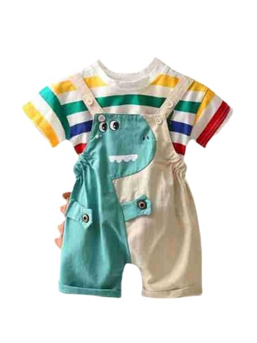 YiZYiF Baby Jungen Sommerkleidung Bunt-gestreiftes T-Shirt Dinosaurier Muster Latzhose 2er Set Für Casual Geburtstag Grün 92-98 von YiZYiF