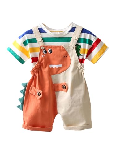 YiZYiF Baby Jungen Sommerkleidung Bunt-gestreiftes T-Shirt Dinosaurier Muster Latzhose 2er Set Für Casual Geburtstag Orange 104-110 von YiZYiF