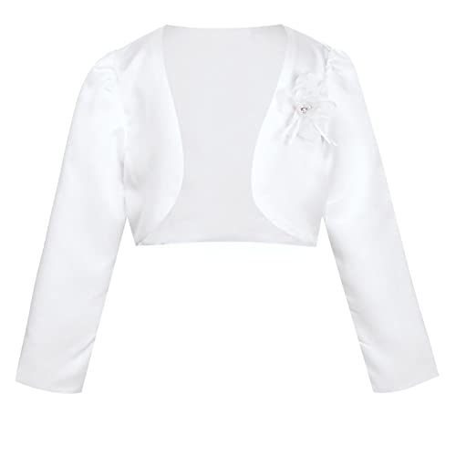 YiZYiF Baby Kinder Bolero Jacke Zum Festlich Hochzeit Mädchen Satin Schulterjacke Langarm Jäckchen Elfenbein/Weiß/Beige/Rosa Weiß O 170-176/15-16 Jahre von YiZYiF