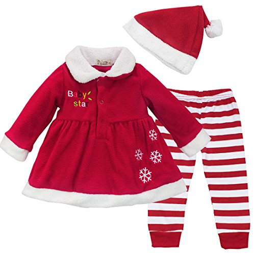 YiZYiF Cute Baby Mädchen Weihnachten Bekleidung Set Warm Fleece Top Pullover Weihnachten Kleid + Mütze Weihnachtskostüm Gr. 80 86 92 (86-92) von YiZYiF