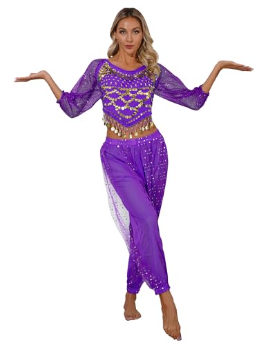 YiZYiF Damen Bauchtanz Kostüm Bauchtanz Hose Oberteil Hüfttuch Mit Münzperlen Indische Tanzkleidung Karneval Fasching Kostüm Belly Dance Set Violett_B Einheitsgröße von YiZYiF