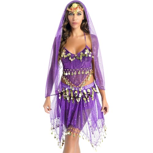 YiZYiF Damen Bauchtanz Kostüm Rock Oberteil Kopftuch Hüfttuch Belly Dance Kleid Set Indische Tanzkleidung Karneval Fasching Kostüm Violett_A One Size von YiZYiF