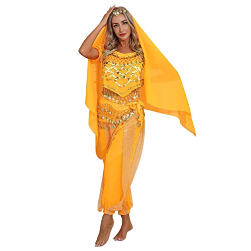 YiZYiF Damen Bauchtanz Kostüm Münzperlen Bauchtanz Oberteil Haremshose Kopftuch Hüfttuch indische Tanzkleidung Karneval Fasching Kostüm Gelb Einheitsgröße von YiZYiF