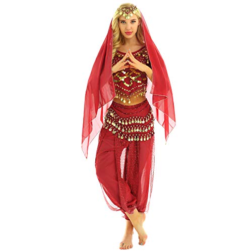 YiZYiF Damen Bauchtanz Kostüm Münzperlen Bauchtanz Oberteil Haremshose Kopftuch Hüfttuch indische Tanzkleidung Karneval Fasching Kostüm Rot Einheitsgröße von YiZYiF
