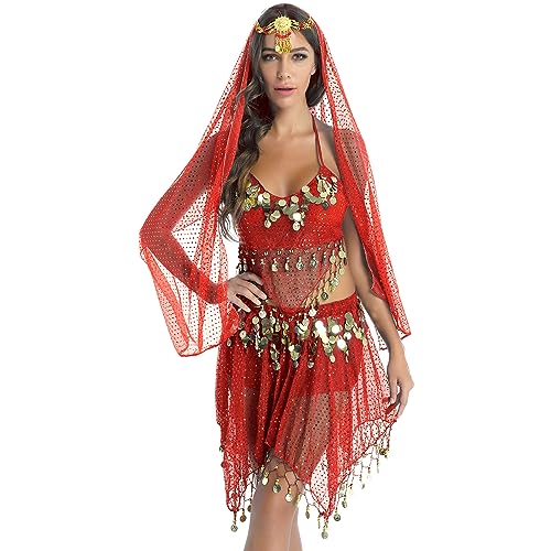 YiZYiF Damen Bauchtanz Kostüm Rock Oberteil Kopftuch Hüfttuch Belly Dance Kleid Set Indische Tanzkleidung Karneval Fasching Kostüm Rot_A One Size von YiZYiF
