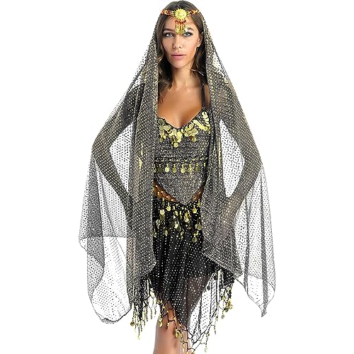 YiZYiF Damen Bauchtanz Kostüm Rock Oberteil Kopftuch Hüfttuch Belly Dance Kleid Set Indische Tanzkleidung Karneval Fasching Kostüm Schwarz_A One Size von YiZYiF