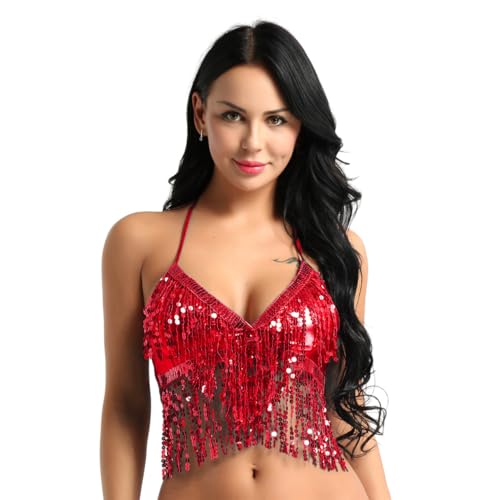 YiZYiF Damen Bauchtanz Pailletten Oberteil Quasten BH Bauchtanzkostüm bauchfrei Crop Top Neckholder Glitzer Bra Tanzkostüm Rot Einheitsgröße von YiZYiF