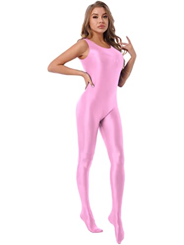 YiZYiF Damen Bodysuit Glänzend Wetlook Overall Nylon Ganzkörper Glossy Einteiler Jumpsuit Leggings Hose Trikotanzug Clubwear Rosa_A XL von YiZYiF
