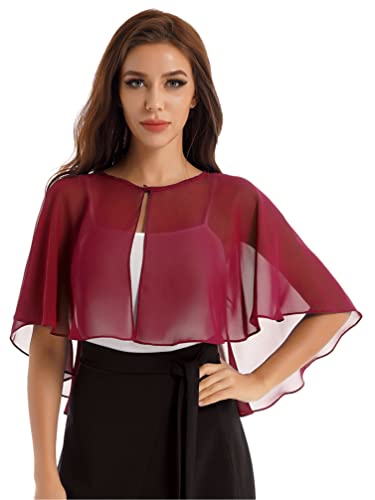 YiZYiF Damen Chiffon Bolero Festlich Elegant Poncho Cardigan Shawl Dünne Open Front Jäckchen Sommer Schulterjacke Zum Kleid Abendkleid Burgund Einheitsgröße von YiZYiF