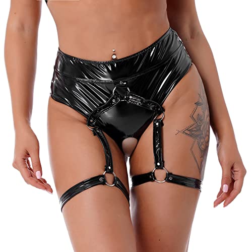 YiZYiF Damen Dessous Slips Glänzend Metallic Hotpants Leder Latex String Tanga Bikini Hose Pants Hipster Panties Offener Unterwäsche Gogo Clubwear Schwarz_E S von YiZYiF