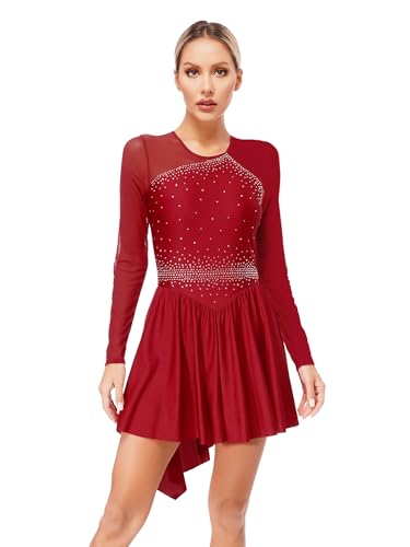 YiZYiF Damen Eiskunstlauf Kleid Langarm Glitzer Strass Tanzkleid Eislaufen Ballettkleid Trikot Moderne Tanzkleidung Burgundy_A L von YiZYiF