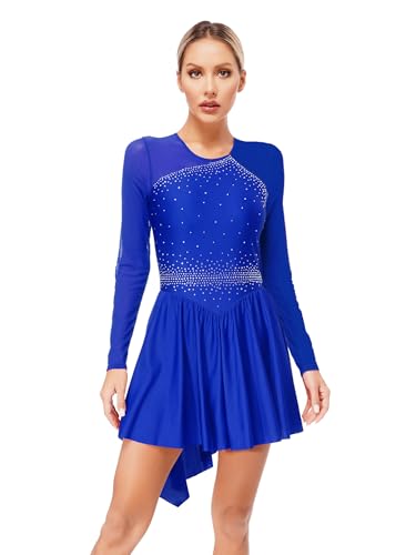 YiZYiF Damen Eiskunstlauf Kleid Langarm Glitzer Strass Tanzkleid Eislaufen Ballettkleid Trikot Moderne Tanzkleidung Blau_A M von YiZYiF