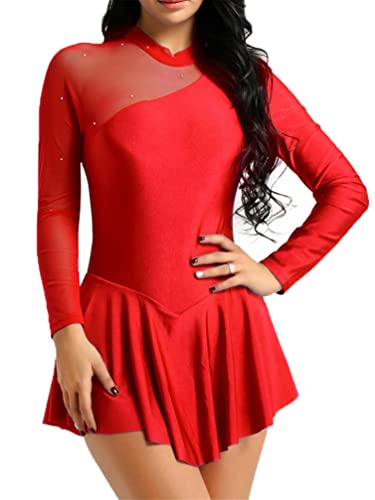 YiZYiF Damen Eiskunstlauf Kleid Langarm Tanz Ballettkleid Trikot mit Strass Rhythmische Gymnastik Tanzkleidung Wettkampf Kostüm Rot L von YiZYiF