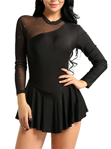 YiZYiF Damen Eiskunstlauf Kleid Langarm Tanz Ballettkleid Trikot mit Strass Rhythmische Gymnastik Tanzkleidung Wettkampf Kostüm Schwarz XL von YiZYiF