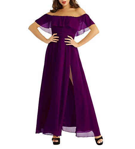 YiZYiF Damen Elegant Cocktailkleid Lang Off-Schulter Abendkleider Chiffon A-Linie Kleid Festlich Hochzeit Partykleid Brautjungfernkleid Dunkellila 36 von YiZYiF