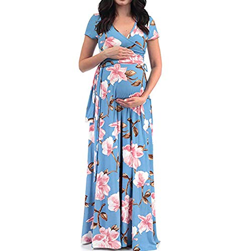 YiZYiF Damen Elegant Umstandskleid Festlich V-Ausschnitt Floral Muster Maxikleid Schwanger Umstandsmode Kleidung Kleid für Hochzeit Urlaub Sommer Blau L von YiZYiF