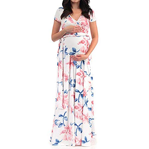 YiZYiF Damen Elegant Umstandskleid Festlich V-Ausschnitt Floral Muster Maxikleid Schwanger Umstandsmode Kleidung Kleid für Hochzeit Urlaub Sommer Weiß M von YiZYiF