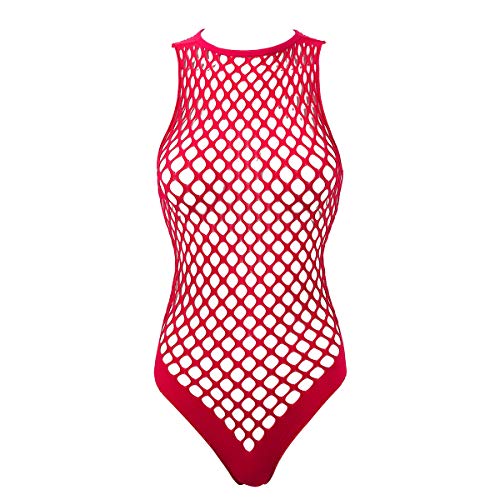 YiZYiF Damen Fischnetz Bodysuit Netz Unterhemd Trikot Stringbody High Cut Frauen Erotik Dessous Sexy Babydoll Negligee Rot Einheitsgröße von YiZYiF