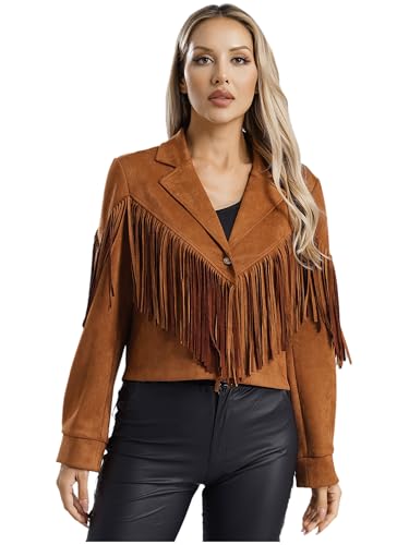 YiZYiF Damen Fransen Jacke Western Hippie Outfit Cowboy Cowgirl Kostüm 60er 70er Hippie Bekleidung Oberteil Karneval Party Top Braun M von YiZYiF