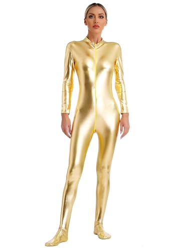 YiZYiF Damen Glänzend Metallic Jumpsuit Catsuit Ganzkörper Karneval Fasching Kostüm Tanzbody Gymnastik Trikot Leotard Disco Party Clubwear Gold F 3XL von YiZYiF