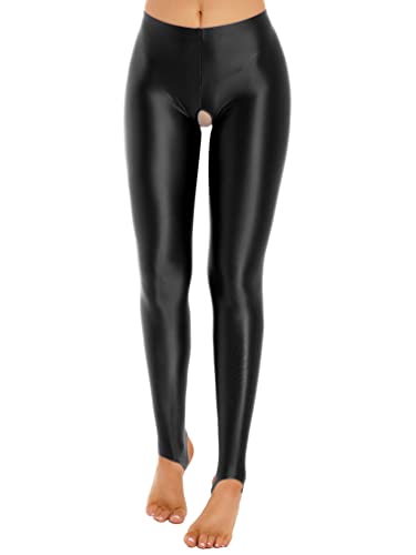 YiZYiF Damen Glänzend Nylon Strumpfhosen mit offenem Schritt Hochglanz Glossy Shiny Leggings Strümpfe Reizvolle Unterwäsche Schwarz_Steg L von YiZYiF