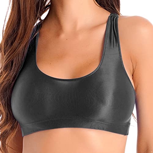 YiZYiF Damen Glänzend Tanktop Glossy Nylon Cami Crop Top Trägershirt Gymnastik Sport Tanz Training Laufen Shirt Funktionsunterwäsche Schwarz L von YiZYiF