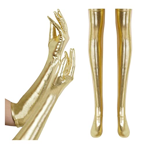 YiZYiF Damen Glänzende Lackleder Handschuhe und Halterlose Overknee Strümpfe Wetlook Leder-Optik Cocktailparty Kostüm Set für Abend Party Nachtclub Accessoires Gold One Size von YiZYiF