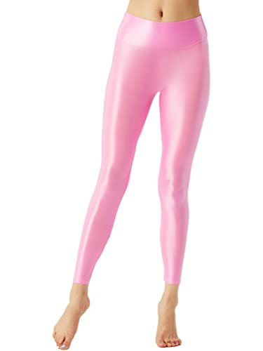 YiZYiF Damen Glänzende Öl Leggings Sexy Shiny Silk Strumpfhose Stretch Sportleggins Yoga Fitness Jogginghose Hohe Taille A_Rosa M von YiZYiF