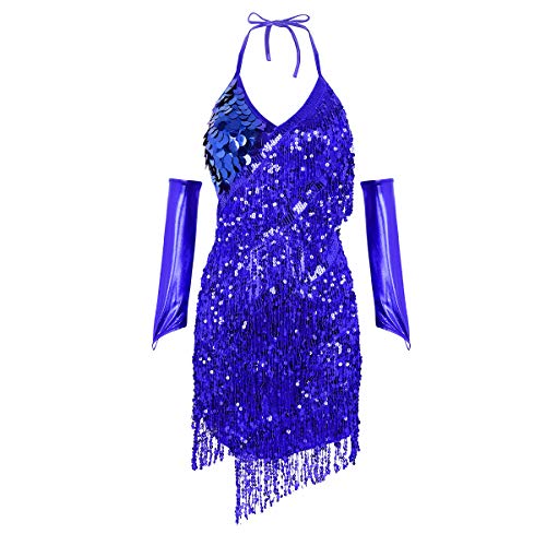 YiZYiF Damen Glitzer Pailletten Latein Kleid Quasten Tanzkleid Rumba Tango Ballett Dancewear Cocktail Abendkleid Ballroon Party Kleider Performance Outfits (Einheitsgröße, Royal Blau Neckholder) von YiZYiF