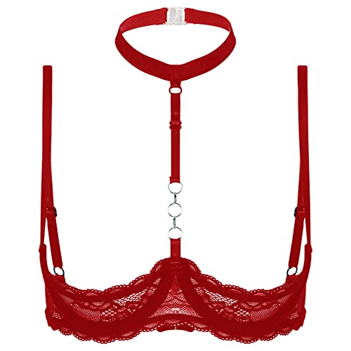 YiZYiF Damen Hebe BH Neckholder Spitze Offene Brust BH Bra Push Up Mit Bügel Ouvert Erotische Dessous Reizwäsche Top Rot S von YiZYiF