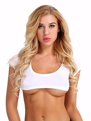 YiZYiF Damen Kurzarm Crop Top Brustfrei Dessous Tops Rundhals Bauchfrei T-Shirt Blusen Oberteil Super Kurz Gogo Clubwear Weiß Einheitsgröße von YiZYiF