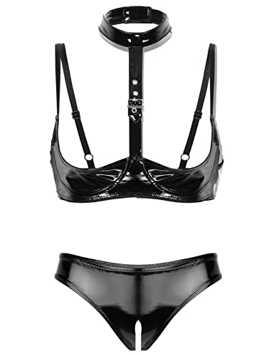 YiZYiF Damen Lack Leder Latex Dessous Set Ouvert Büstenhebe BH Offener Schritt G-String Thong Erotische Lingerie Babydoll A_Schwarz L von YiZYiF