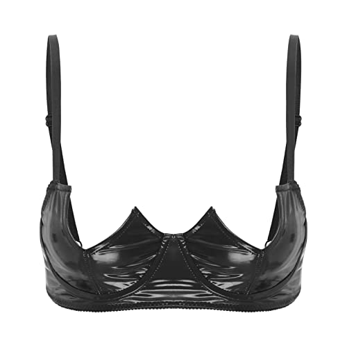 YiZYiF Damen Lackleder BH Ouvert Leder Büstenhebe Bralette Push Up Brust Offen Dessous Top Nippelfrei Lingerie Erotik Unterwäsche A_Schwarz 5XL von YiZYiF