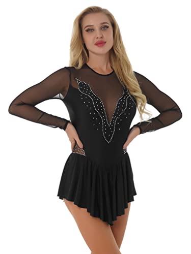 YiZYiF Damen Langarm Eiskunstlauf Kleid Kristallen Mesh Tanz Ballettkleid Ballettanzug Gymnastikanzug Turnanzug Performance Wettbewerb Kleider Schwarz D XL von YiZYiF