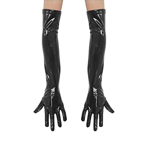 YiZYiF Damen Lange Glänzende Wet Look Leder-Optik Handschuhe Abendhandschuhe Party Cocktailparty Lackleder Handschuhe Nachtclub Accessoires Schwarz XL von YiZYiF