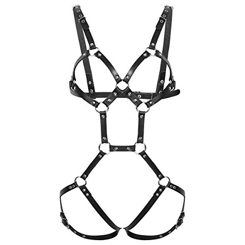 YiZYiF Damen Leder Harness Straps Body Elastische Riemenbody Ganzkörper Brust Gürtel ausgehöhlte BH Top Dessous Punk Gothic Clubwear Schwarz One Size von YiZYiF