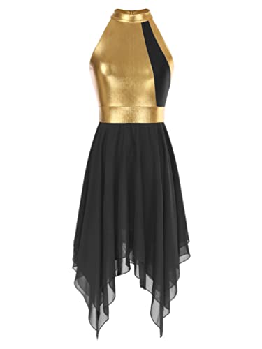 YiZYiF Damen Lyrisches Tanzkleid Farbblock Ballett Trikot Latin Ballsaal Tango Kleid mit asymmetrische Saum Gymnastik Modern Dance Tanzkostüm Schwarz XL von YiZYiF