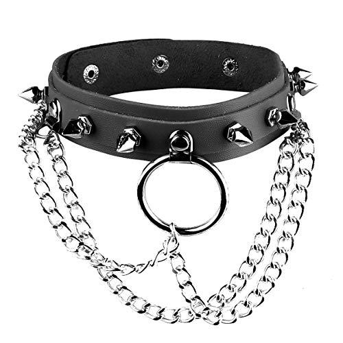 YiZYiF Damen Mädchen Halskette Leder Nieten Choker mit Metall O-Ring Punk Gothic Halsband Einstellbar Lederkette Clubwear Schwarz/Rot/Weiß Schwarz A Einheitsgröße von YiZYiF