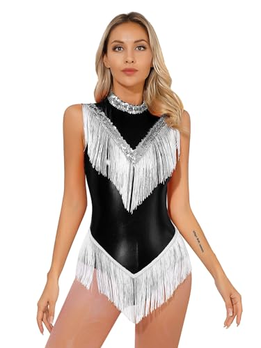 YiZYiF Damen Metallic Bodysuit Mit Fransen Glitzer Gymnastikanzug Trikot Tanztrikot Glänzend Disco Party Party Clubwear Show Tanzsoutfit Schwarz_A M von YiZYiF