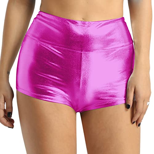 YiZYiF Damen Metallic Shorts Hot Pants Sport Laufen Yoga Fitness Tanz Shorts Kurze Hose Hoch Taille Disco Party Rave Gogo Outfit A Rose L von YiZYiF