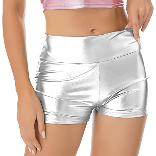 YiZYiF Damen Metallic Shorts Hot Pants Sport Laufen Yoga Fitness Tanz Shorts Kurze Hose Hoch Taille Disco Party Rave Gogo Outfit K Silver M von YiZYiF