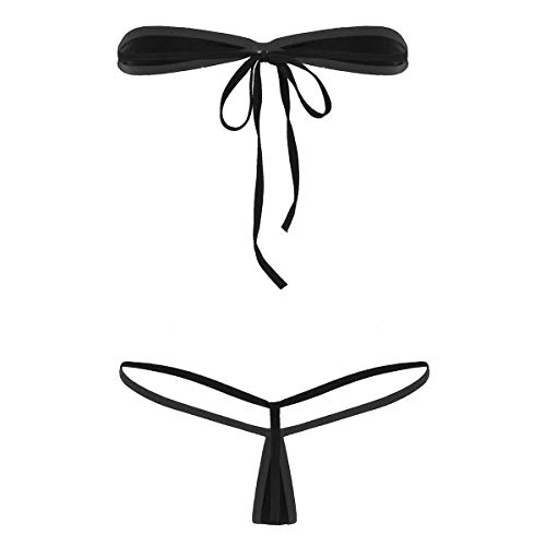 YiZYiF Damen Mini Bikini Sets Micro BH Bustier Top mit G-String Tanga Dessous Set sexy Babydoll Zweiteiler Badeanzug Schwarz_B One Size von YiZYiF