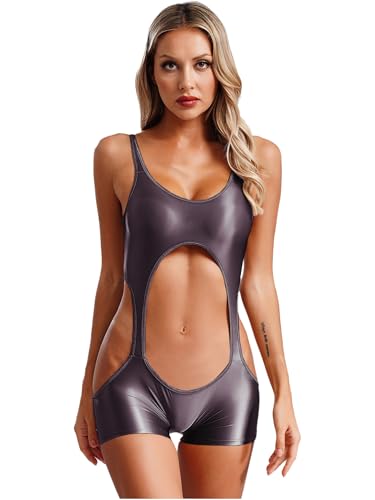 YiZYiF Damen Öl Glänzend Body Nylon Catsuit Glitzer Bikini Cutout Monokini Einteiliger Badeanzug Mit Bein Strandmode Grau Einheitsgröße von YiZYiF