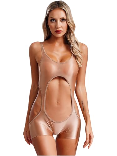 YiZYiF Damen Öl Glänzend Body Nylon Catsuit Glitzer Bikini Cutout Monokini Einteiliger Badeanzug Mit Bein Strandmode Schokolade Einheitsgröße von YiZYiF