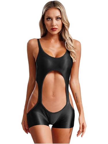 YiZYiF Damen Öl Glänzend Body Nylon Catsuit Glitzer Bikini Cutout Monokini Einteiliger Badeanzug Mit Bein Strandmode Schwarz Einheitsgröße von YiZYiF