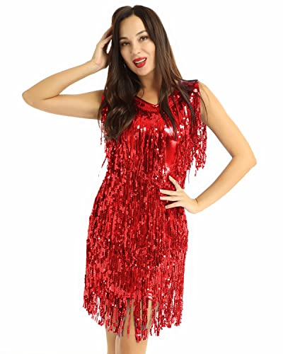 YiZYiF Damen Pailletten Tanzkleid Quasten Rumba Tango Latein Kleid Glitzer Party Cocktail Abendkleid Ballroon Performance Dancewear Rot Large von YiZYiF