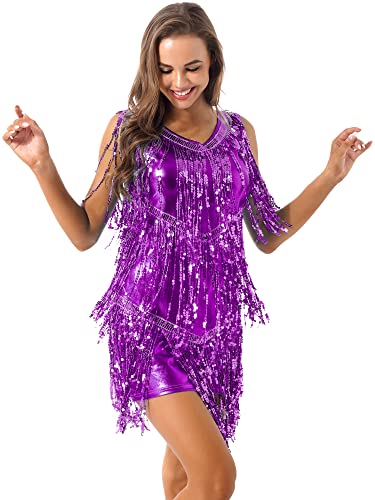 YiZYiF Damen Pailletten Tanzkleid Quasten Rumba Tango Latein Kleid Glitzer Party Cocktail Abendkleid Ballroon Performance Dancewear Violett L von YiZYiF