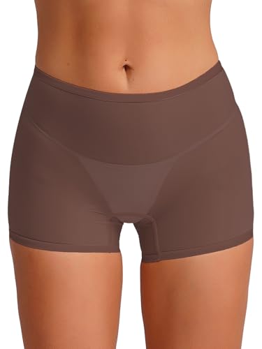 YiZYiF Damen Panties Boxershorts Hipster Unterwäsche Glanz Transparente Nylon Unterhose Glossy Glatte Boxer Briefs Hohe Taille Reizwäsche A_Kaffee Einheitsgröße von YiZYiF