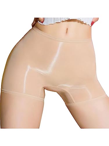 YiZYiF Damen Panties Boxershorts Hipster Unterwäsche Glanz Transparente Nylon Unterhose Glossy Glatte Boxer Briefs Hohe Taille Reizwäsche A_Nude Einheitsgröße von YiZYiF