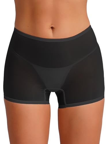 YiZYiF Damen Panties Boxershorts Hipster Unterwäsche Glanz Transparente Nylon Unterhose Glossy Glatte Boxer Briefs Hohe Taille Reizwäsche A_Schwarz Einheitsgröße von YiZYiF